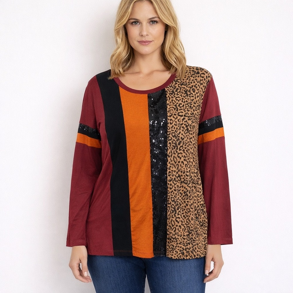 Sunshine and rodeos size large maroon, orange and black sequin long sleeve top